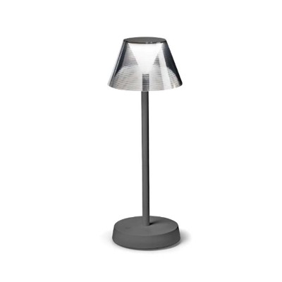 HEUSEN TL 1,8W IP54 Stolní venkovní lampa, těleso kov, šedá, difuzor plast opál, stínítko sklo kouřové, LED 1,8W, 150lm, teplá 3000K, dotyk stmív, nabíjení USB-C, výdrž cca 14 hodiny, IP54, rozměry d=125mm, h=345mm.