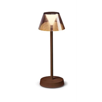 HEUSEN TL 1,8W IP54 Stolní venkovní lampa, těleso kov, kávová, difuzor plast opál, stínítko sklo jantarové, LED 1,8W, 150lm, teplá 3000K, dotyk stmív, nabíjení USB-C, výdrž cca 14 hodiny, IP54, rozměry d=125mm, h=345mm.