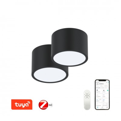 DALMATICA PL 12W, TUYA-Z 2ks Stropní svítidlo, 2ks, kov, černá,  dif plast opál, LED 12W, 840lm, smart TUYA, Matter Zigbee 3.0, dálk ovl. (souč.) nebo mob. tel. CCT nast teplá 2700K-denní 6500K, stmív, 230V, d=150mm, h=100mm