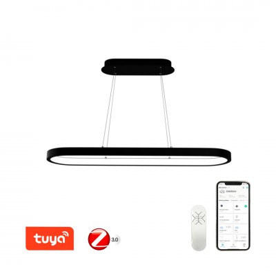 DEBEO HL 42W, TUYA-Z závné svítidlo, kov, černá, dif plast opál, LED 42W, smart TUYA, Matter, Zigbee 3.0, dálk ovl. (souč.) nebo tel.  CCT nast teplota teplá 2700K-denní 6500K, stmív, 230V, 1200x40x300mm, záv l=1200mm