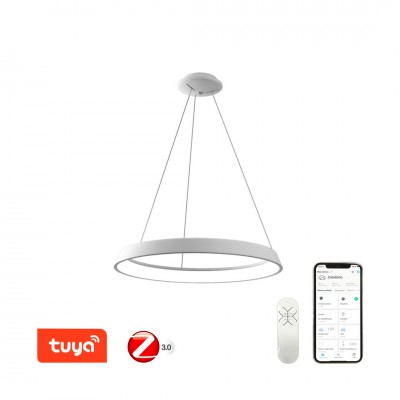 DECEDO HL 48W, TUYA-Z závné svítidlo, kov, bílá, dif plast opál, LED 48W, smart TUYA, Matter, Zigbee 3.0, dálk ovl. (souč.) nebo tel.  CCT nast teplota teplá 2700K-denní 6500K, stmív, 230V, d=800mm, h=60mm, záv l=1200mm