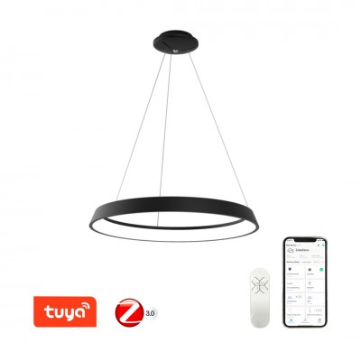 DECEDO HL 48W, TUYA-Z Závěsné svítidlo, kov, černá, dif plast opál, LED 48W, smart TUYA, Matter, Zigbee 3.0, dálk ovl. (souč.) nebo tel.  CCT nast teplá 2700K-denní 6500K, stmív 230V, d=800mm, h=60mm, záv l=1200mm