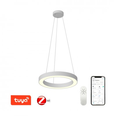 DECESSU HL 66W, TUYA-Z Závěsné svítidlo, kov, bílá, dif plast opál, LED 66W, smart TUYA, Matter, Zigbee 3.0, dálk ovl. (souč) nebo tel.  CCT nast teplá 2700K-denní 6500K, stmív 230V, d=900mm, záv lanko l=1200mm