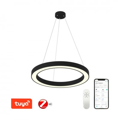 DECESSU HL 66W, TUYA-Z Závěsné svítidlo, kov, černá, dif plast opál, LED 66W, smart TUYA, Matter, Zigbee 3.0, dálk ovl. (souč) nebo tel.  CCT nast teplá 2700K-denní 6500K, stmív 230V, d=900mm, záv lanko l=1200mm