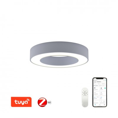 DECESSU PL 52W, TUYA-Z Stropní svítidlo, kov, šedá, dif plast opál, LED 52W, smart TUYA, Matter, Zigbee 3.0, dálk ovl. (souč) nebo mob. telefonem CCT nast teplá 2700K-denní 6500K, stmív 230V, d=600mm, h=100mm