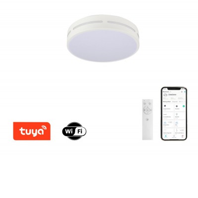 DEFUNGO PL R 24W, TUYA-W Stropní svítidlo, těleso kov, povrch bílá, dif plast opál, LED 24W, smart TUYA, WiFi, dálk ovl. (souč) nebo mob. telefonem CCT nast teplá 2700K-denní 6500K, stmív 230V, d=400mm, h=60mm