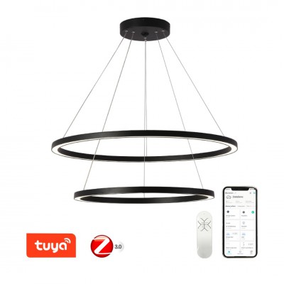 DEMERI 93W, TUYA-Z Závěsné svítidlo, kov, černá, dif plast opál, LED 93W, 6975lm, smart TUYA, Matter Zigbee 3.0, dálk ovl. nebo tel.  CCT nast tepl teplá 2700K-denní 6500K, stmív 230V, d=800mm+600mm, záv lanko l=1200mm