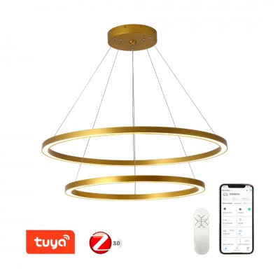 DEMERI 93W, TUYA-Z Závěsné svítidlo, kov, zlatá, dif plast opál, LED 93W, 6975lm, smart TUYA, Matter Zigbee 3.0, dálk ovl. nebo tel.  CCT nast tepl teplá 2700K-denní 6500K, stmív 230V, d=800mm+600mm, záv lanko l=1200mm