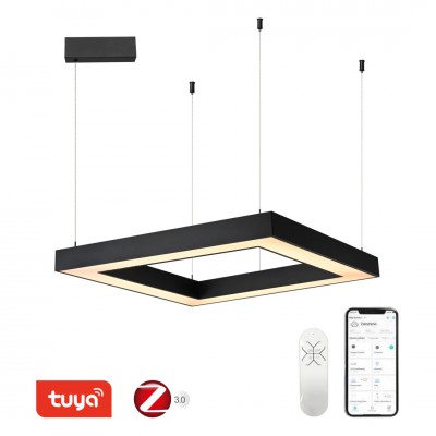 DENATUS HL 60W, TUYA-Z Závěsné svítidlo, kov, černá, dif plast opál, LED 60W, 4200lm, smart TUYA, Zigbee 3.0, dálk ovl. (souč.) nebo tel.  CCT nast teplá 2700K-denní 6500K, stmív 230V, 800x800mm, záv lanko l=1500mm