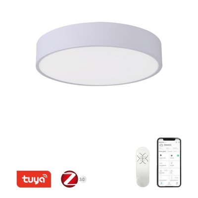 EMOLOGO R 25W, TUYA-Z Stropní svítidlo, kov, povrch bílá, dif plast opál, LED 25W, smart TUYA, Matter, Zigbee 3.0., dálk ovl. (součástí) nebo mob. tel. CCT nast teplota teplá 3000K - denní 6000K, stmív, d=400mm, h=70mm.