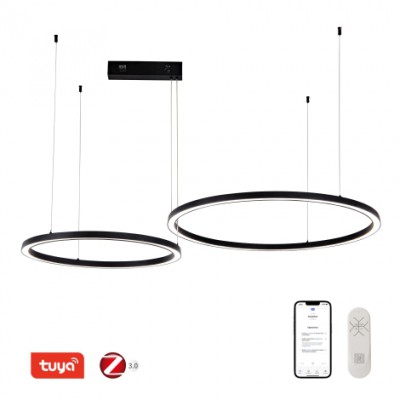 DENOVO 93W, TUYA-Z Závěsné svítidlo, kov, černá/zlatá, dif plast opál, LED 93W, 6975lm, smart TUYA, Zigbee 3.0, dálk ovl. (souč.) nebo tel.  CCT nast teplota teplá 2700K - denní 6500K, stmív., 230V, IP20, d=800+600mm, závěs lanko l=1500mm, lze zkr.