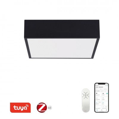 DEBELO 22W, TUYA-Z Stropní svítidlo, těleso kov, černá/bílá, dif plast opál, LED 22W, 1610lm, smart TUYA, Matter, Zigbee 3.0., dálk ovl. (součástí) nebo mob. tel. CCT nast teplota teplá 2700K - denní 6500K, stmív., 230V, IP20, rozměry 280x280x70mm.