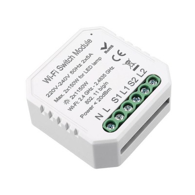 DICIO kontroler WiFi Kontroler pro ovládání LED zdrojů, 2-tlačítkový, pro instalaci s nulovým vodičem, ovládání telefonem smart systém Tuya, Wifi, 2x5A, 2x1150W/2x150W, 230V, IP20, 46x46x18mm