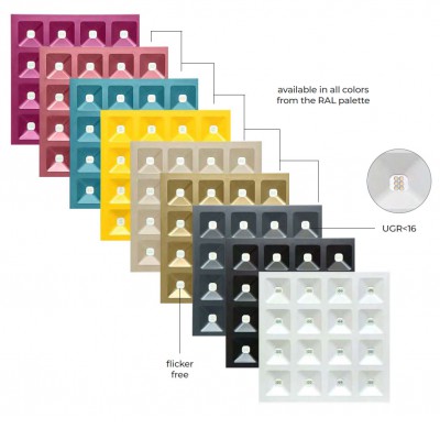 GILMO 15W/15-36W, UGR<16 Stropní, podhledové, svítidlo, těleso kov, povrch bílá, LED 15W nebo přepínatelný. 15-36W, neutrální 4000K, UGR<16, stmívatelné dle typu, 230V, IP20, tř.2, 596x596x50mm