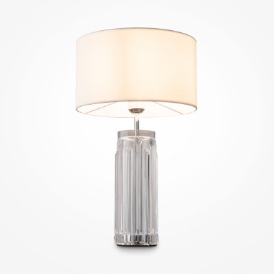 INDULGO TL 1x60W, E27 Stolní lampa, základna kov, povrch chrom, těleso sklo čiré, stínítko textil bílá, pro žárovku 1x60W, E27, 230V, IP20, tř.2, rozměry d=320mm, h=572mm.