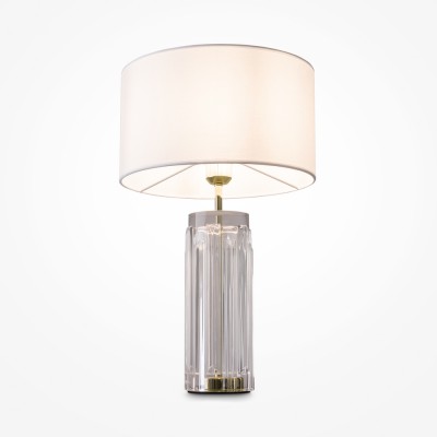 INDULGO TL 1x60W, E27 Stolní lampa, základna kov, povrch chrom/zlatá/šedá, těleso sklo čiré/kouřové, stínítko textil bílá, pro žárovku 1x60W, E27, 230V, IP20, tř.2, rozměry d=320mm, h=572mm.