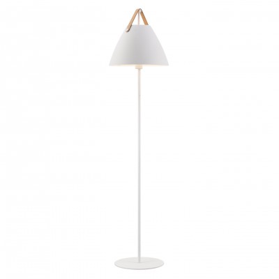 Stojací lampa Stojací pokojová lampa, těleso a stínítko kov, povrch bílá, detaily kůže pro žárovku 1x40W, E27, A60, 230V, IP20, tř.2, rozměry d=360mm, h=1537mm, přív. kabel l=1800mm, vypínač na tělese