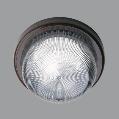  Stropní svítidlo, základna polykarbonát, barva bílá/hnědá, kryt polykarbonát čirý s drážkami, pro žárovku 1x60W/E27, nebo LED, 230V, IP53, zař. tř.2, d=220mm, h=105mm