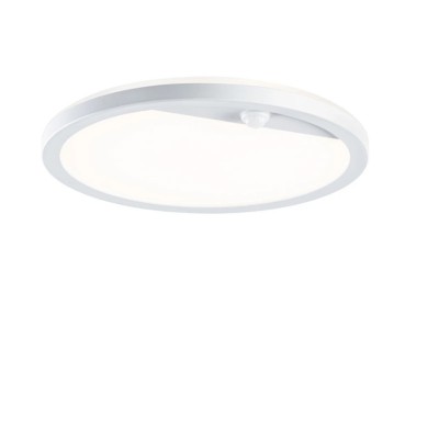 CRIBSTA R 14,5W, IP44, PIR Stropní nebo nástěnné venkovní svítidlo, nepřímé svícení, PIR senzor pohybu, záběr 90°, dosah 2-6m, těleso plast bílá, dif plast opál, LED 14,5W, 1200lm, teplá 3000K, 230V, IP44, d=280mm, h=47mm.