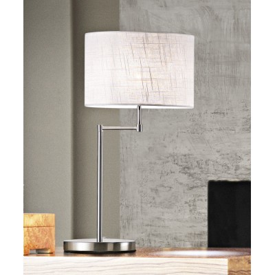 DRIBURG TL Stolní lampa, otočné rameno, těleso kov, povrch chorm broušený, stínítiko textil bílá, pro žárovku 1x40W, E27, 230V, IP20, rozměry d=300mm, h=640mm.