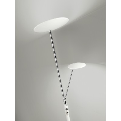 LASPHE Stojací lampa, nastavitelný směr svícení, těleso kov, povrch bílá mat a chrom lesk, difuzor plast opál, LED 28W, 2380lm, + 5W, 425lm, teplá 3000K, stmívatelné, 230V, IP20, rozměry d=270mm, h=1830mm.