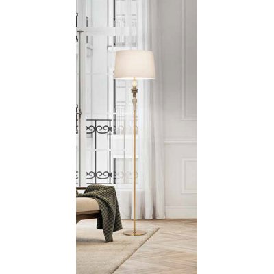 MIN FL 1x40W E27 Stojací lampa, základna kov povrch broušený mosaz s keramickými prvky, stínítko textil bílá, pro žárovku 1x40W, E27, 230V, IP20, tř.1, rozměry stínítko: d=400mm, h=250mm, lampa: h=1700mm.