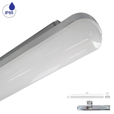 GIRON LED 36W, IP65 VÝPRODEJ Průmyslové prachotěsné svítidlo, těleso ABS, povrch šedá, difuzor plast opál, LED 36W, neutrální 4000K, 2850lm, Ra80, 230V, zvýšené krytí IP65, tř.2, rozměry 67x1202x66mm.