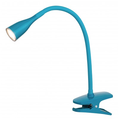 LUCC Stolní lampa s klipem, skřipcem, těleso plast, povrch modrá/černá/bílá/červená, flexibilní rameno, LED 4,5W, 330lm, teplá 3000K, 230V, IP20, tř.1. rozměry l=130mm, h=350mm.