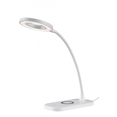 ILEX 5W, CCT Stolní lampa, těleso plast bílá, dif plast opál, LED 5W, nastav. teplota CCT teplá 3000K, denní 6000K, 210lm, dotyk stmívač, Ra80, 230V, IP20, tř.3, d=100mm, h=290mm, vč. Bezdrátové nabíjení telefonu.