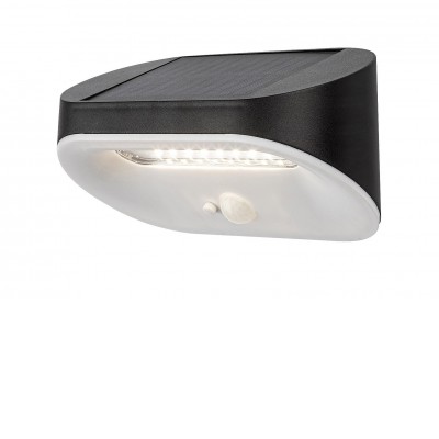LEVIS 3,2W, 3,7V, IP44 Nástěnné solární světlo s čidlem, záběr 120°, dosah 3-5m, těleso plast černá, dif plast opál, LED 3,2W, neutrální 4000K, 145lm, napájení solární článek, baterie 3,7V, IP44, rozměry 160x75x85mm