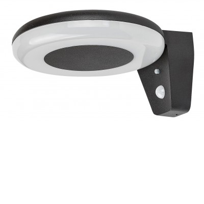 LINUM 4W, 3,7V, IP44 Nástěnné venkovní svítidlo, senzor pohybu, záběr 110°, dosah 6-8m, těleso kov, povrch černá, dif plast opál, LED 4W, neutrální 4000K, 360lm, stmív. vypínačem, nap. 3,7V, IP44, tř.3, d=185mm, h=100mm.