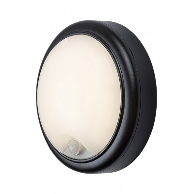 LAMINUM 15W, IP54 Nástěnné venkovní svítidlo, senzor pohybu, záběr 120°, dosah 8m,  těleso plast bílá/černá, dif plast opál, LED 15W, teplá 3000K, 1350/1500lm, 230V, IP54, tř.2, rozměry d=180mm, h=70mm.
