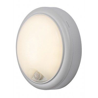 LAMINUM 15W, IP54 Nástěnné venkovní svítidlo, senzor pohybu, záběr 120°, dosah 8m,  těleso plast bílá, dif plast opál, LED 15W, teplá 3000K, 1500lm, 230V, IP54, tř.1, rozměry d=180mm, h=70mm.