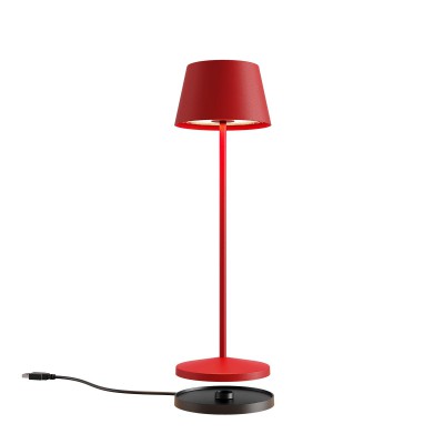 BRANDE TABLE Stolní venkovní lampa, těleso hliník, povrch červená, dif. plast, LED 2,2W, 155lm, CCT přepín.  teplota, teplá 2700K-3000K, Ra85, 230V, IP65, tř.3, rozměry d=110mm, h=360mm, micro-USB zásuvka.