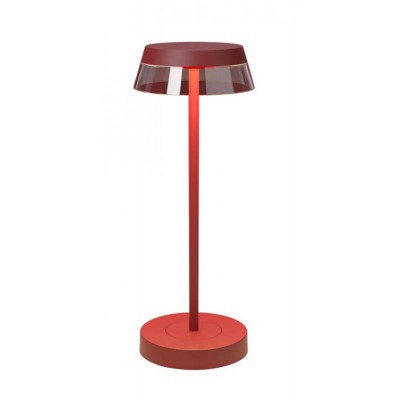AMANITA 2,5W, IP65, CCT, 3,7V Stolní venkovní lampa, hliník, povrch červená, stínítko plast čirý, LED 2,5W, nastav. teplota CCT teplá 2700K-3000K, dotyk. stmív, napájení USB 3,7V bat 3000mAh, svítí až 7h, IP65, d=120mm, h=320mm