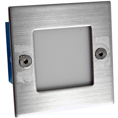 DOXIS II Vestavné svítidlo do stěny, exteriérové, venkovní, těleso hliník, rámeček nerez, difuzor sklo opál, LED 0,5W, barva světla bílá nebo modrá, 230V, IP54, 80x80mm, zápustná hloubka=56mm, vč. mont. boxu