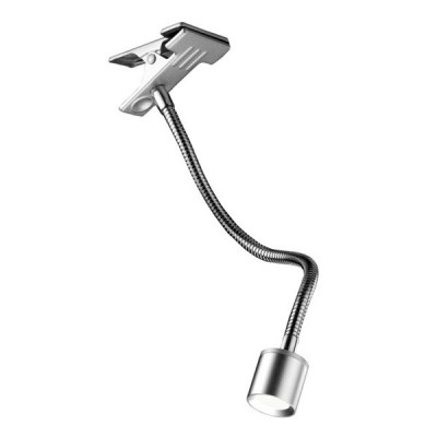 FADLE CLIP ROVNÁ Bodové svítidlo s klipem (skřipec), základna kov, povrch šedostříbrná, LED 3W, teplá 2950K, vyzař úhel 30°, trafo adaptér 230V na vidlici, IP20, flexibilní rameno husí krk l=350mm, vypínač na kabelu