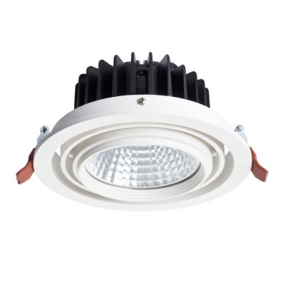 HATO VÝPRODEJ Stropní, vestavné, bodové svítidlo, výklopné +-20°, těleso hliník, povrch bílá, sklo čiré, LED 25W, teplá 3000K, 1750lm, vyzař úhel 33°, Ra80, vč. trafa 230V/700mA na kabelu, d=18