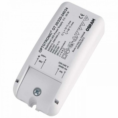 TURA TRAFO 24V Eelektronický transformátor pro LED osvětlení 24V, 0,5W-20W, 220V/240V, IP20, tř.2., SELV, ochr/zkrat a přetíž, rozměry 109x50x35mm, min zátěž 20W