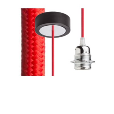 KERAS Závěsný kabel s objímkou, základna černá/chrom, kabel textilní úplet červený, objímka chrom, pro žárovku 28W, E27, 230V, IP20, tř.1, d=800mm, l=1500mm, lze zkrátit, pouze závěs BEZ STÍNÍTKA
