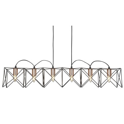 GERALENTO PENDANT 6x10W E27 Závěsné svítidlo, základna kov, těleso kov, povrch lak černá mat s detaily měď lesk, pro žárovku 6x10W, E27, 230V, IP20, tř.1. rozměry těleso 800x180x110mm, včetně závěsu l=1240mm, lze zkrátit