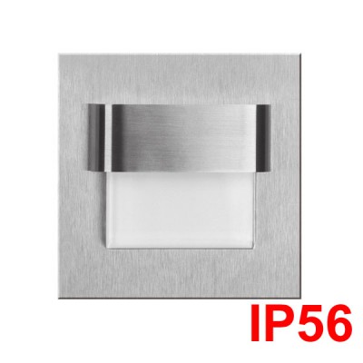 TONGA IP56 Vestavné svítidlo do stěny, těleso nerez broušená, difuzor plast, LED 0,8W, teplá, 10V DC, IP20, 73x73mm, mont.otvor=60mm, montážní box samostatně