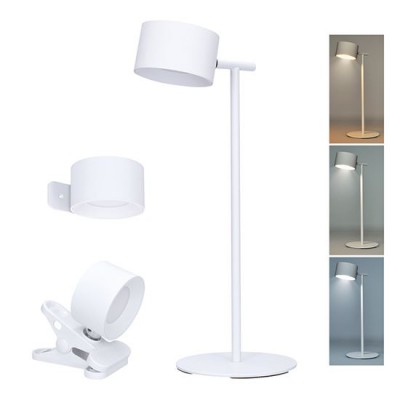 COMAR LED 4W 3v1 Lampička 3v1 - stolní/nástěnná/se skřipcem. těleso plast bílá, dif plast opál, LED 4W, 280lm, dotyk. CCT nastav teplota 3000K-6500K, stmív., USB napájení, 3,7V baterie Li-ion, 320x120x140mm