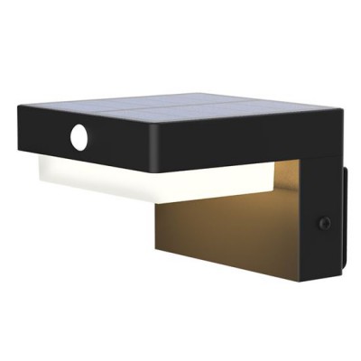 NESPO WL 5W SOLAR Nástěnné venkovní svítidlo, těleso černá, PIR senzor pohybu záběr 120°, dosah 7m, LED 5W, 400lm, teplá 3000K, Ra80, napájení solární panel, baterie, trvale 1h, IP54, 120x114x80mm.