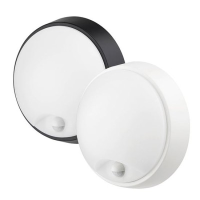 KONBY 18W CCT PIR IP54 Nástěnné venkovní svítidlo, senzor pohybu PIR, dosah 6m, záběr 110°, čas 10s-5min, plast bílá a černá, dif plast opál, LED 18W, 1800lm, přepín. CCT teplota teplá 3000K-denní 6000K,  d=214mm, 