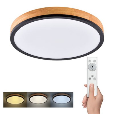 WOODS RO, 40W, CCT VÝPRODEJ Stropní svítidlo, rámeček dřevo světlé, difuzor plast opál, LED 40W, 3300lm, dálkovým ovladačem stmívatelné, CCT nast teplota teplá 3000K, - denní 6400K, Ra80, 230V, IP20, rozměry d=450mm,