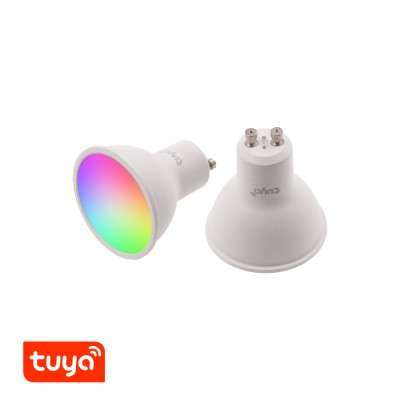 LED 5W, GU10 Světelný zdroj, žárovka LED 5W, GU10, ES50, pomocí app v telefonu Tuya WiFi, BT, lze nastavit teplotu CCT teplá 2700K - denní 6500K, stmívat, RGB, vyp/zap vyzař úhel 240°, Ra80, 230V, rozměry d=50mm, l=55mm