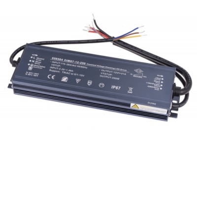 Stmívatelný LED zdroj, 12V, 250W, IP67 Stmívatelný napájecí zdroj pro LED, vstup 230V, výstup 12V, 250W, stmívání 0-10V, 1-10V, 10V PWM, TRIAC, 0-100k Ohm, IP67, rozměry 	238x58×32mm, ochrana proti přehřátí, zkratu a přetížení