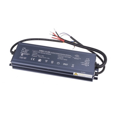 Stmívatelný LED zdroj, 12V, 300W, IP67 Stmívatelný napájecí zdroj pro LED, vstup 230V, výstup 12V, 300W, stmívání 0-10V, 1-10V, 10V PWM, rezistorem 0-100kOhm, TRIAC, IP67, rozměry 248x80x32mm