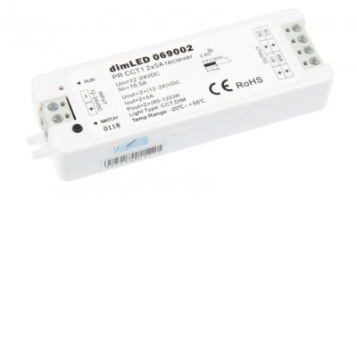 RF-DIM přijímač 2x5A 12-24V CCT RF přijímač pro stmívání CCT LED pásků zátěž max 2x5A, 12V/120W, 24V/240W, napájení 12-24V, dosah až 100m, rozměry 97x33x18mm, lze spárovat max 10 vysílačů na 1 přijímač